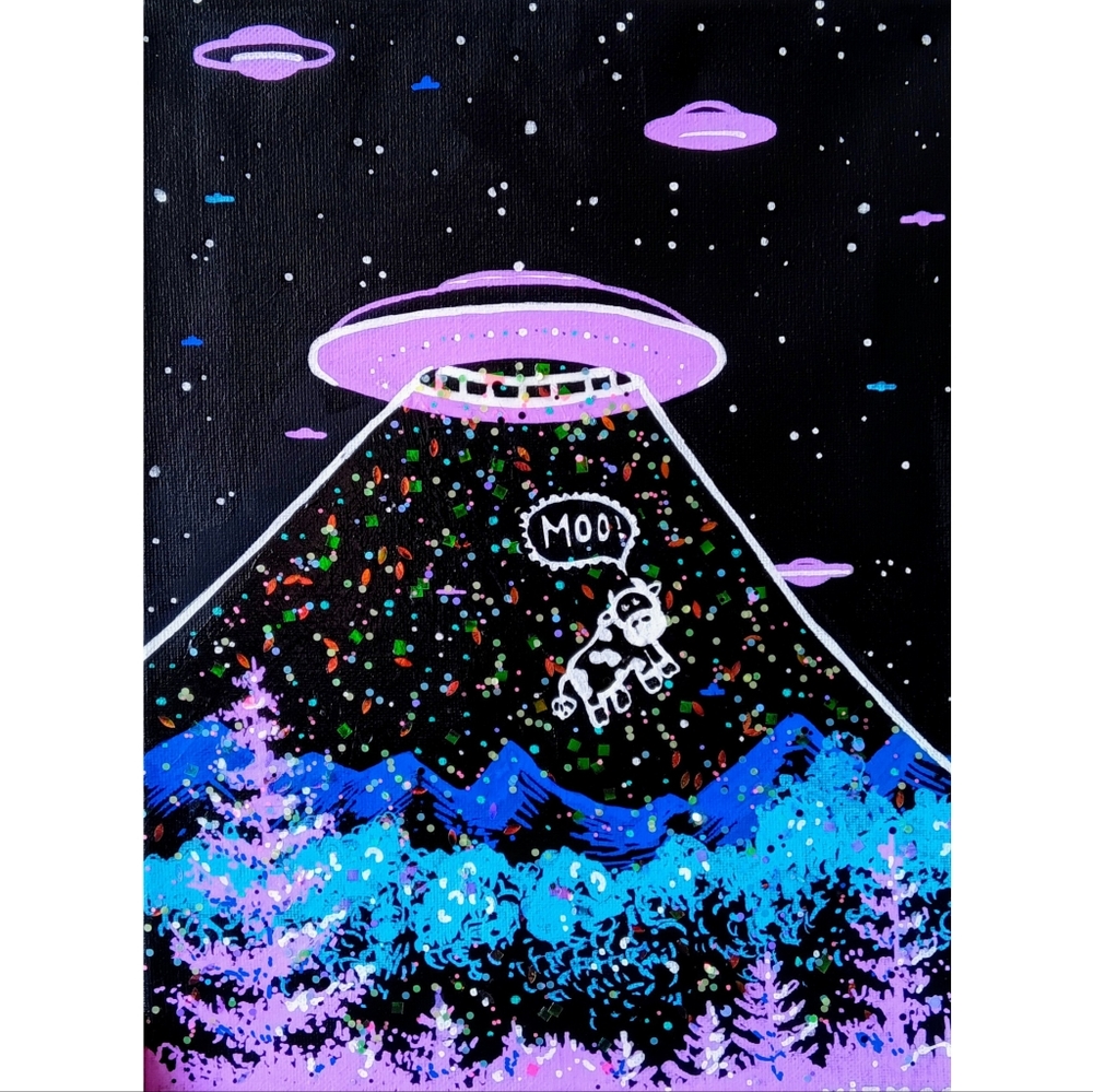 Whimsical UFO Cow Abduction Painting | 9x12" Black Canvas | Blue, Purple, Pink